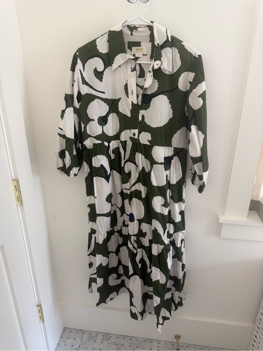 Maeve Olive Green & White Floral Midi Shirt Dress